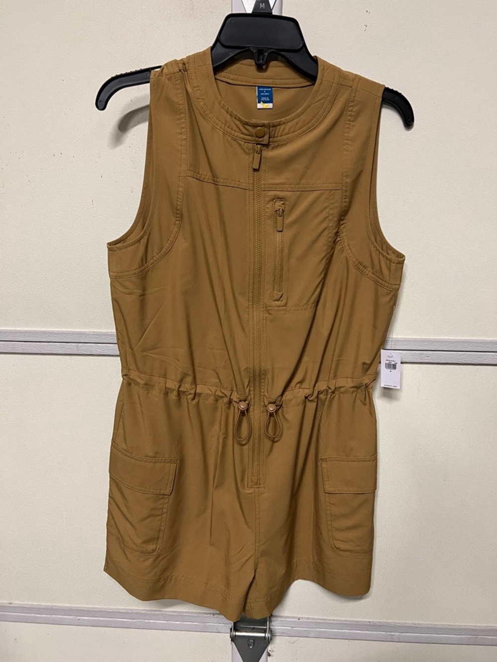Women Sleeveless Utility Romper in Tan
